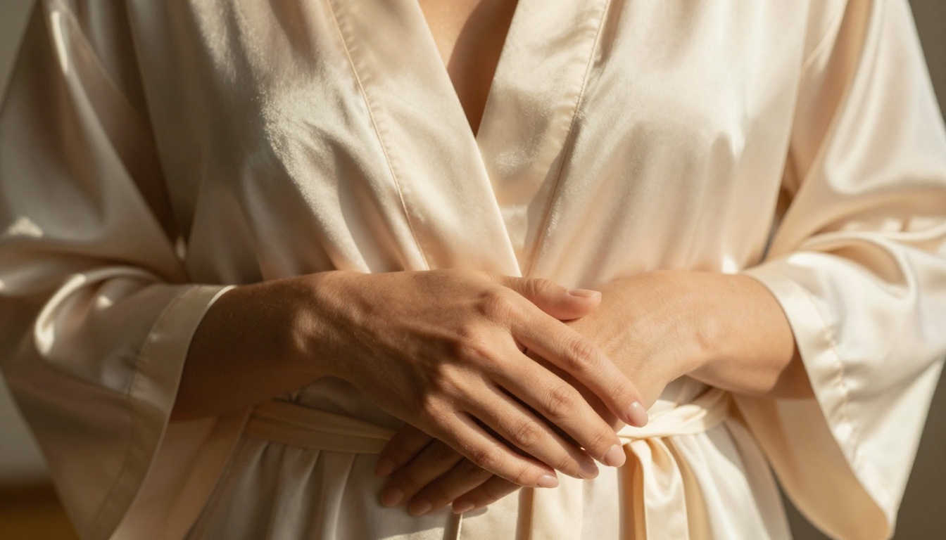 Warm silk robe morning light skin texture detail