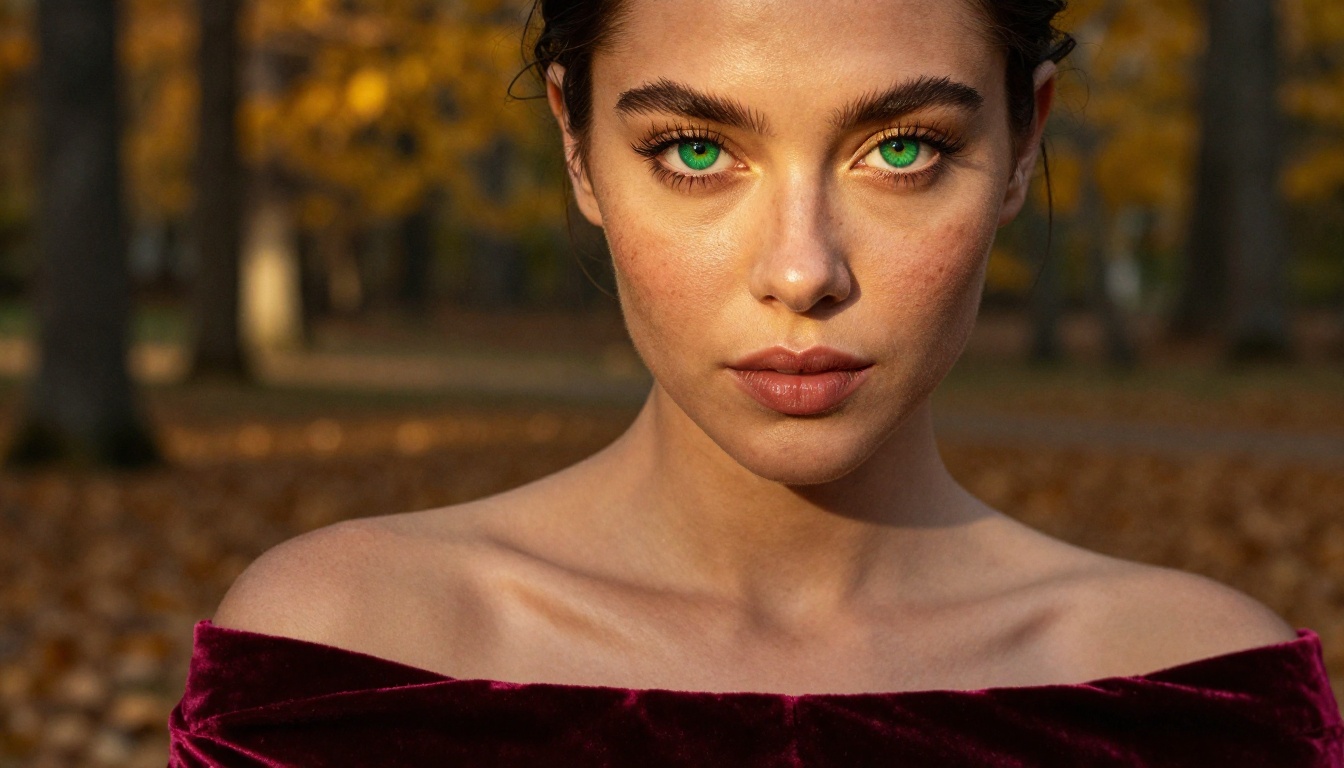 Portrait of woman with emerald eyes, burgundy velvet off-shoulder top, autumn forest bokeh, Hasselblad medium format, 8K photography