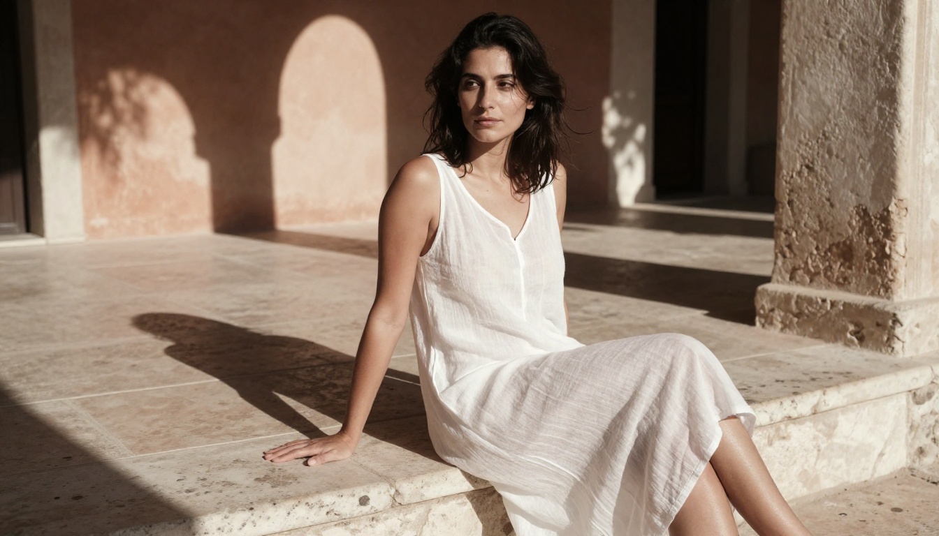 Woman in sheer white dress on Mediterranean stone steps, terracotta architecture, Canon 85mm film halation, warm sepia 8K Woman in sheer white dress on Mediterranean stone steps, terracotta architecture, Canon 85mm film halation, warm sepia 8K