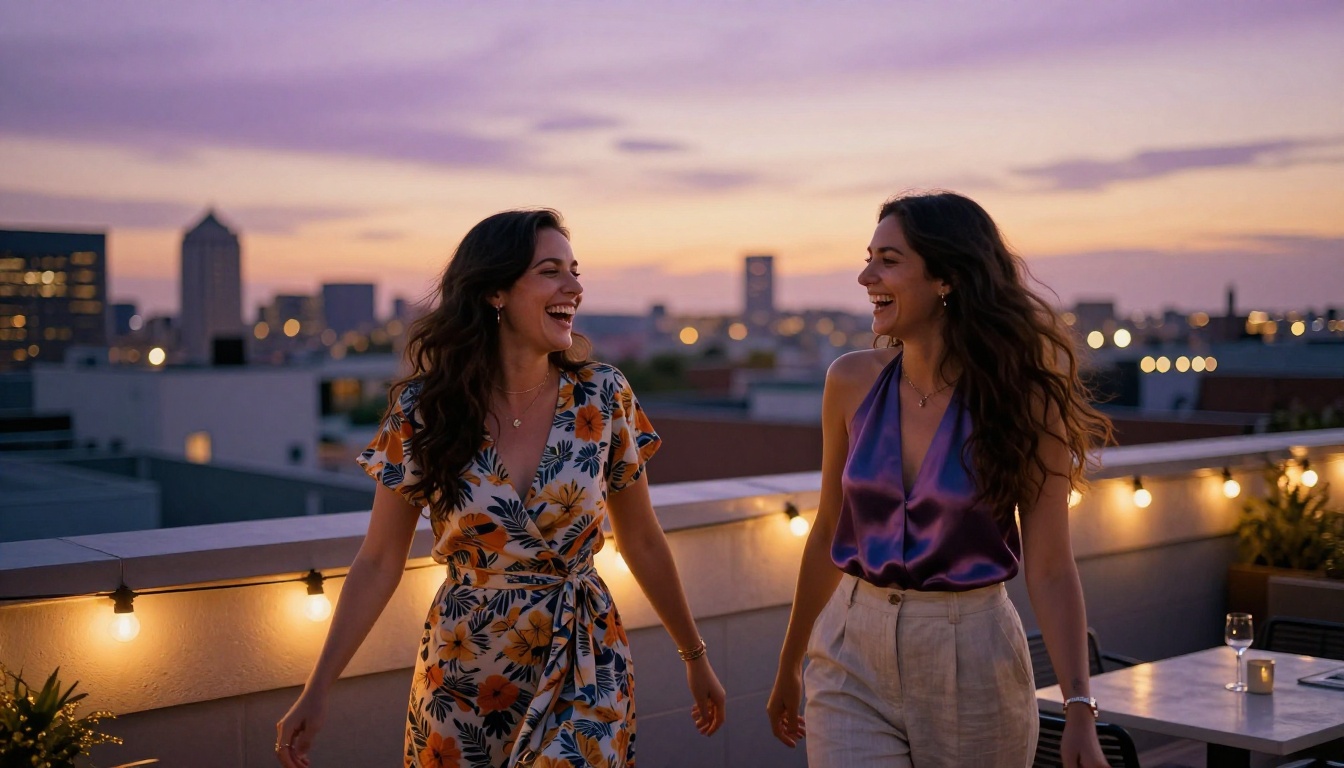 Two women laughing on rooftop terrace at dusk, city skyline glowing behind, string lights bokeh, Kodak Ektar 100, golden hour Two women laughing on rooftop terrace at dusk, city skyline glowing behind, string lights bokeh, Kodak Ektar 100, golden hour