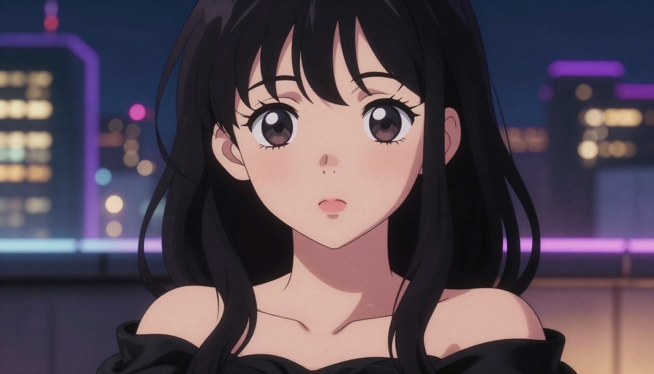 Striking anime-inspired portrait with night city lights bokeh, demonstrating AI art quality