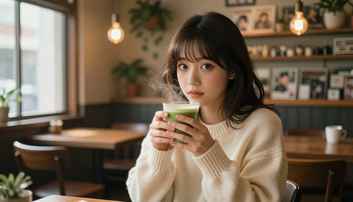 Warm anime character portrait in a cozy Japanese coffee shop interior