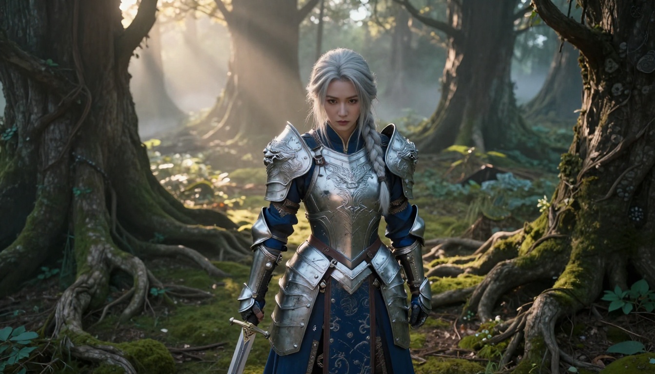 Fantasy anime warrior standing in an enchanted forest with dramatic armor detail and atmospheric lighting