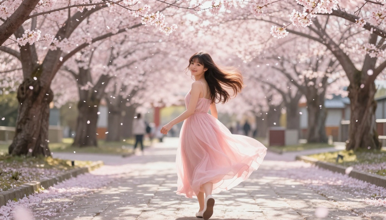 Beautiful anime character walking through cherry blossom park in spring, showing motion and natural atmosphere