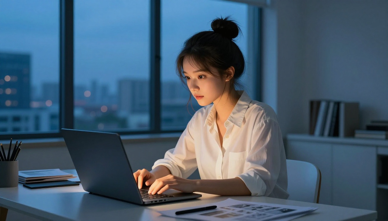 Artist at a minimalist workstation creating AI anime art at blue hour with city skyline in the background