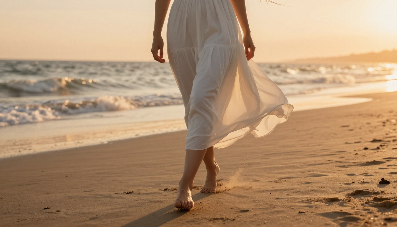 Golden hour beach scene with flowing dress