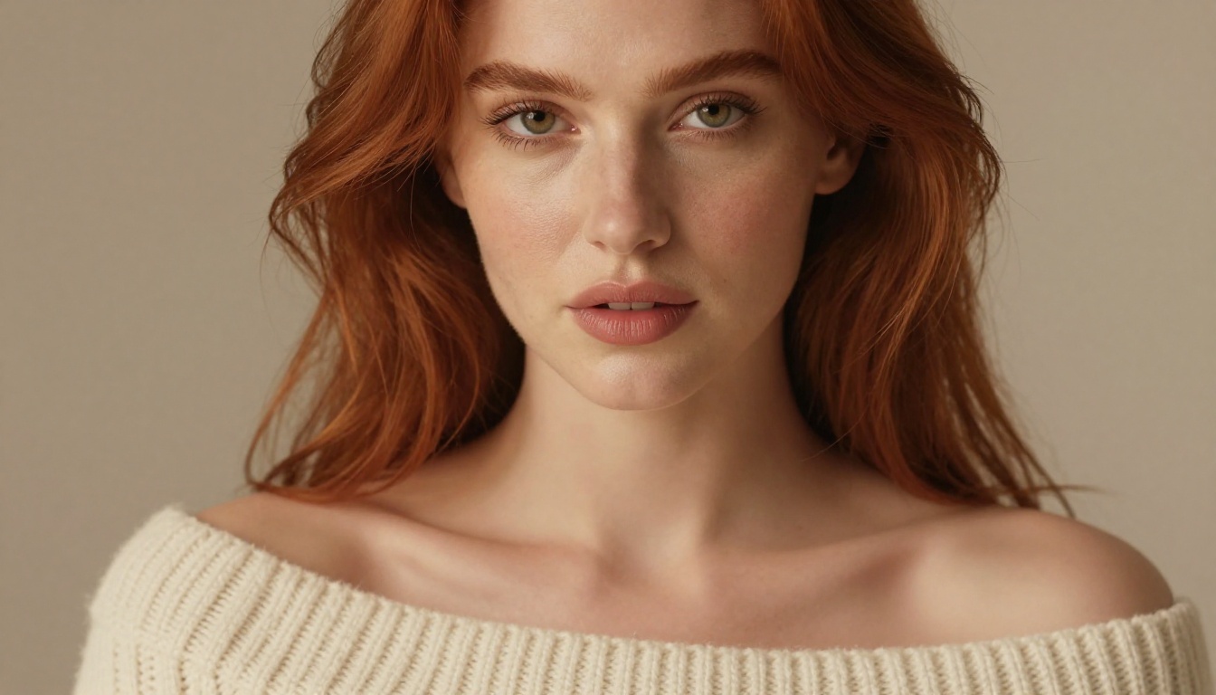 Close-up portrait of beautiful redhead woman with confident gaze, natural studio lighting, photorealistic 8K