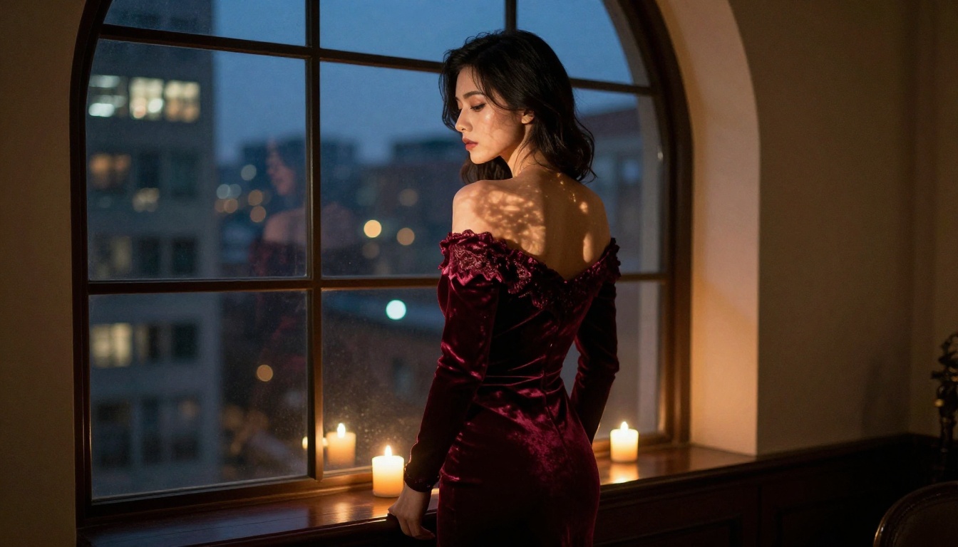 Elegant evening portrait by arched window at dusk Elegant evening portrait by arched window at dusk