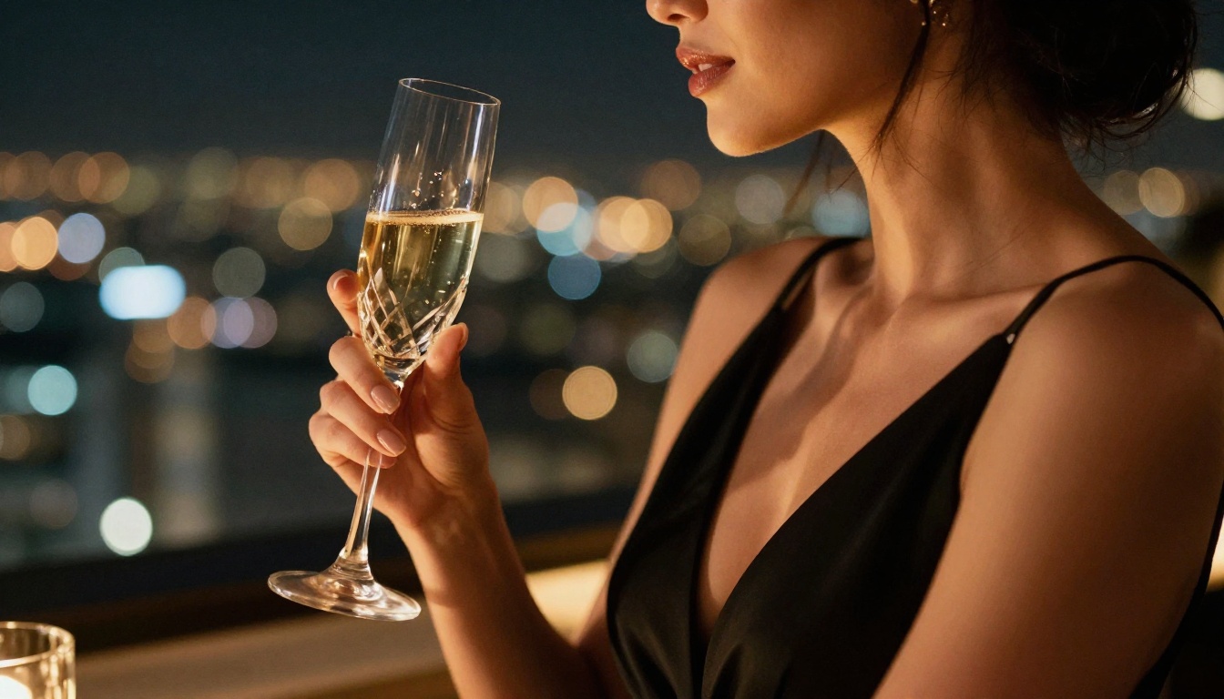 Woman in black evening gown at luxury rooftop bar, city bokeh background, photorealistic film grain
