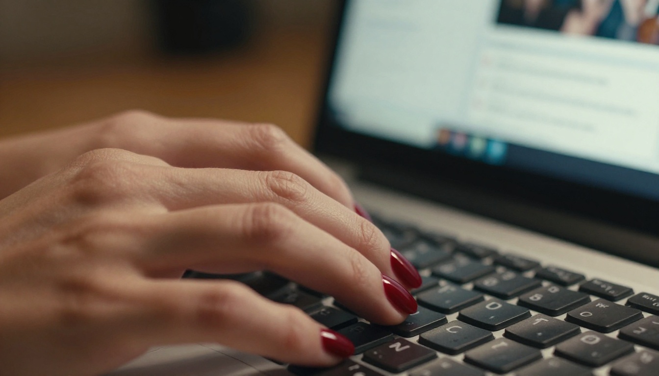 Close-up of manicured feminine hands typing on keyboard with video generation interface in background, photorealistic 8K Close-up of manicured feminine hands typing on keyboard with video generation interface in background, photorealistic 8K