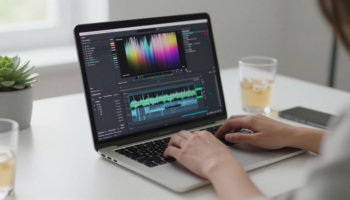 Close-up of hands on laptop with video editing timeline on screen