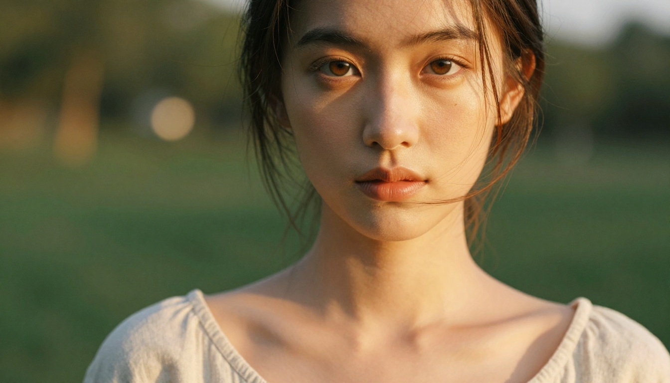 Striking close-up portrait of a woman in warm golden hour sunlight