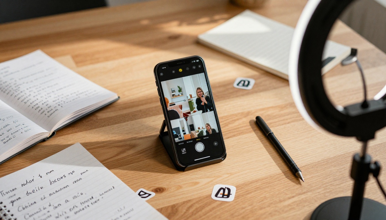 Content creator workspace with smartphone showing reels and prompt notes