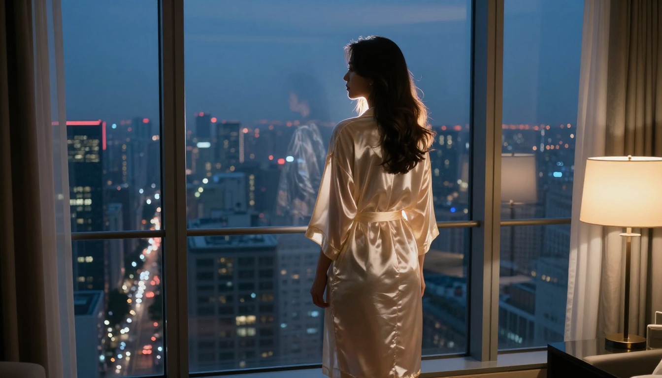 Woman in sheer silk robe at luxury hotel window overlooking night city Woman in sheer silk robe at luxury hotel window overlooking night city
