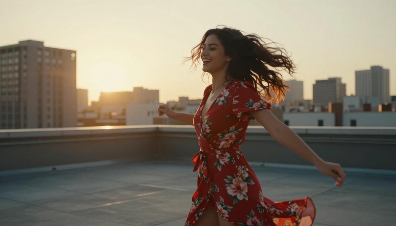 Woman in a floral dress dancing on a rooftop at golden hour, city skyline behind her