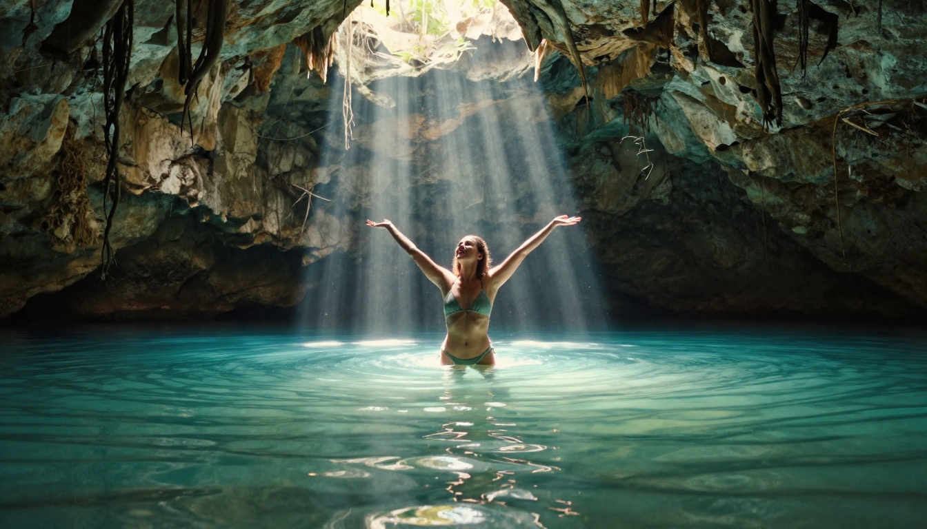 Woman in a sage-green bikini in a sunlit Mexican cenote, volumetric light shafts through turquoise water