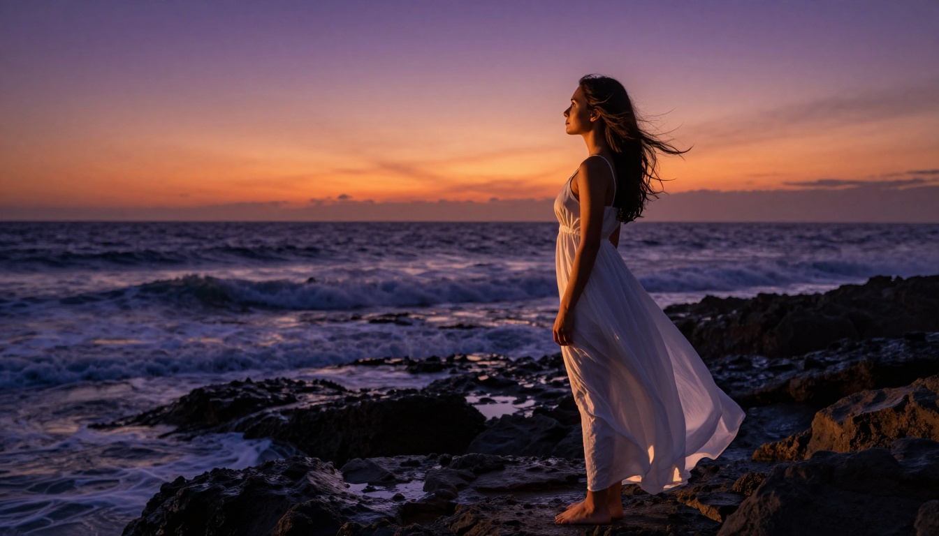 Woman in white dress silhouetted against Malibu dusk horizon Woman in white dress silhouetted against Malibu dusk horizon