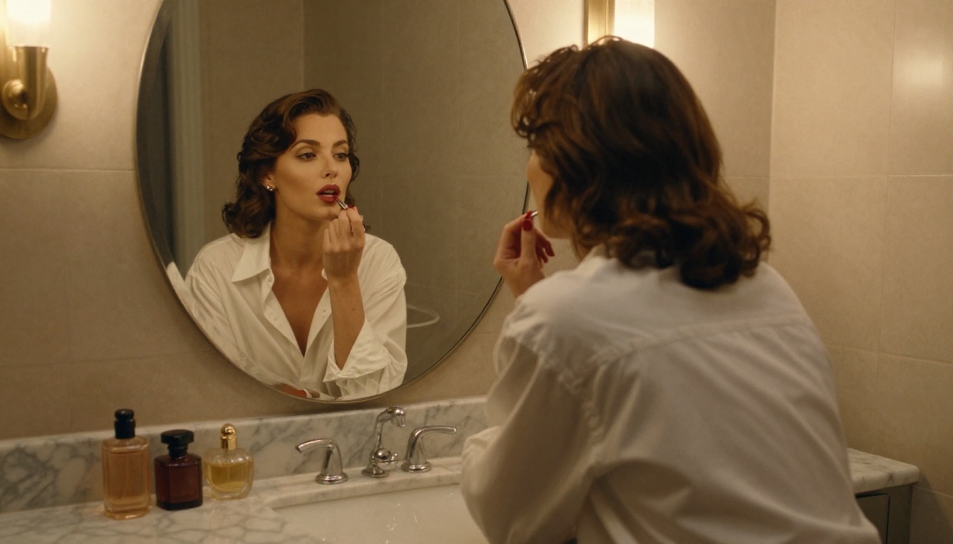 Woman at marble vanity applying lipstick, wearing an oversized white shirt, reflected in mirror, Hollywood glamour lighting