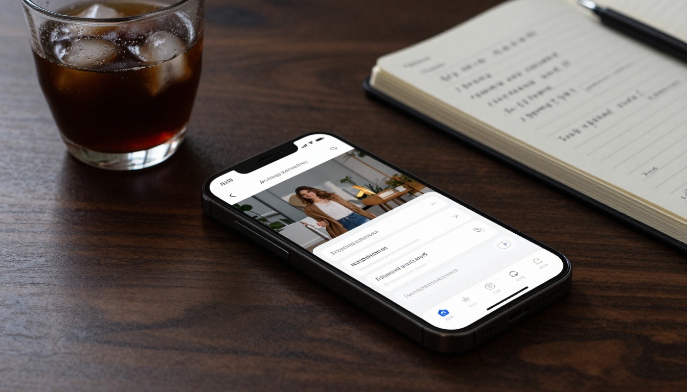 Flatlay of AI prompt interface on a smartphone, showing settings and text input, photorealistic product photography