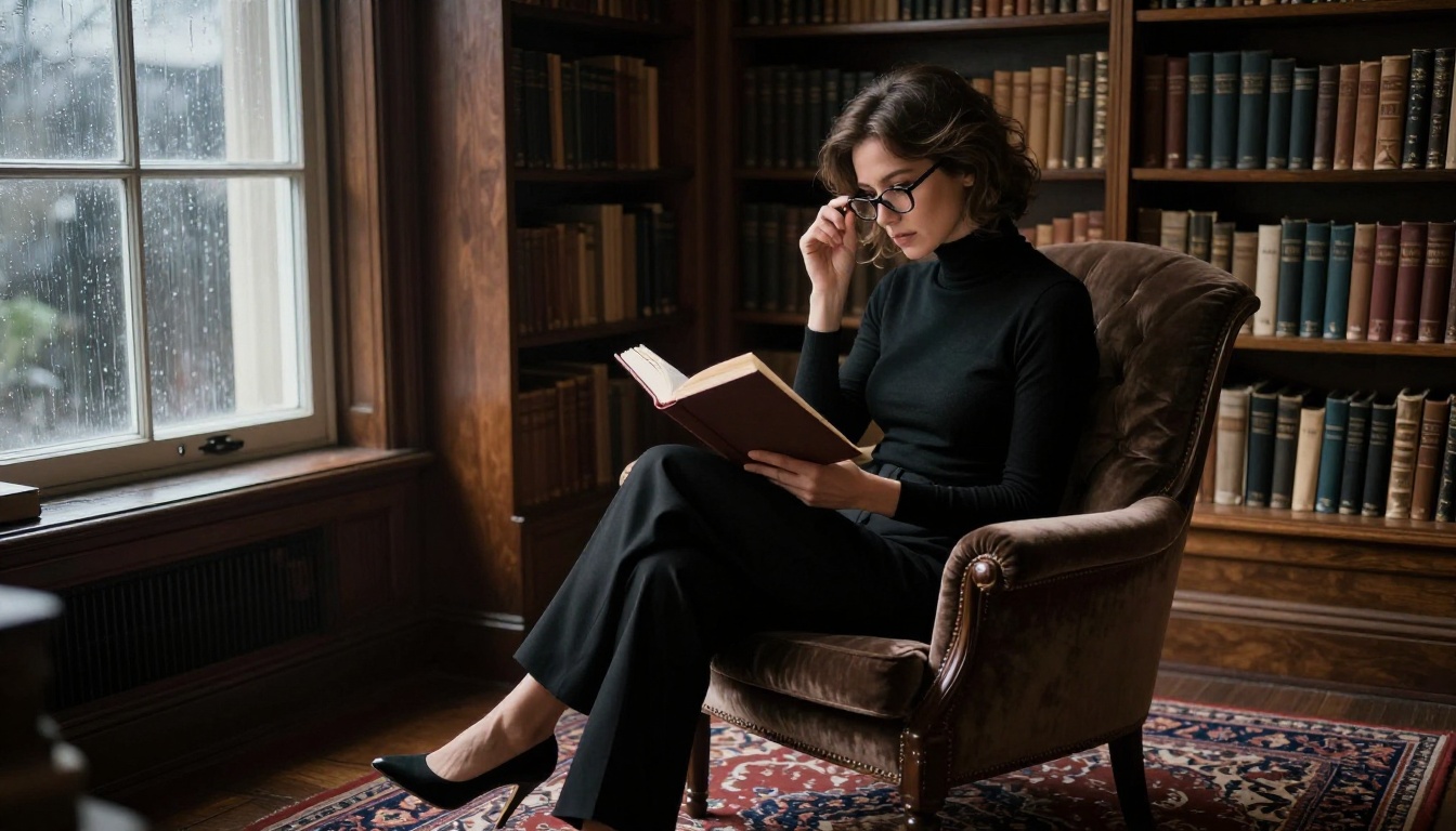 Woman reading by a rain-streaked window in a Victorian library, moody portrait with dramatic side lighting, photorealistic 8K