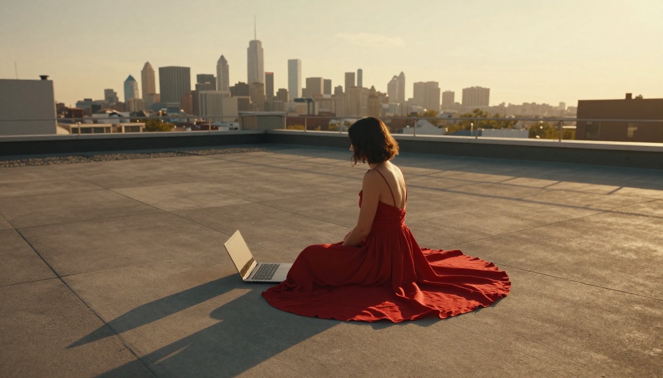 Creative woman in a flowing red sundress on a rooftop terrace at golden hour with city skyline