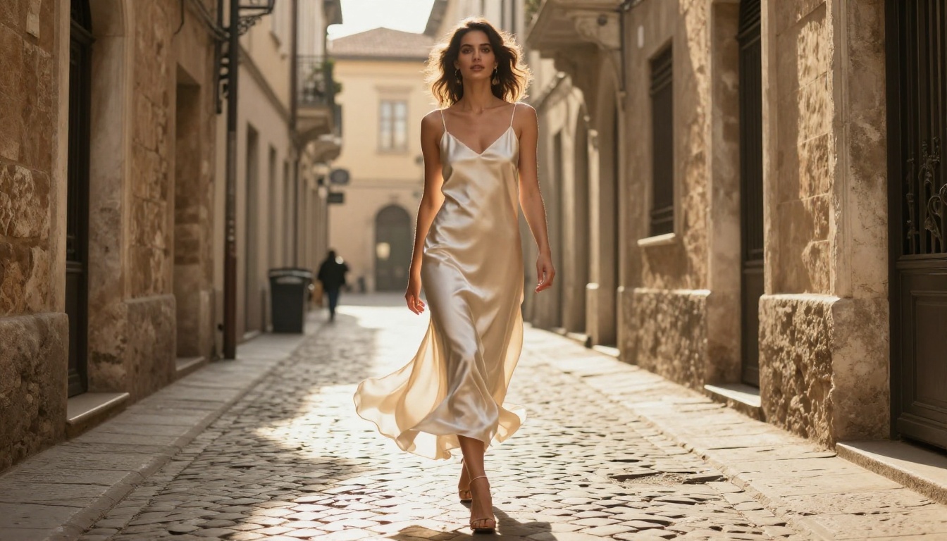 Woman in silk ivory slip dress walking through sunlit European cobblestone alleyway with warm sidelight