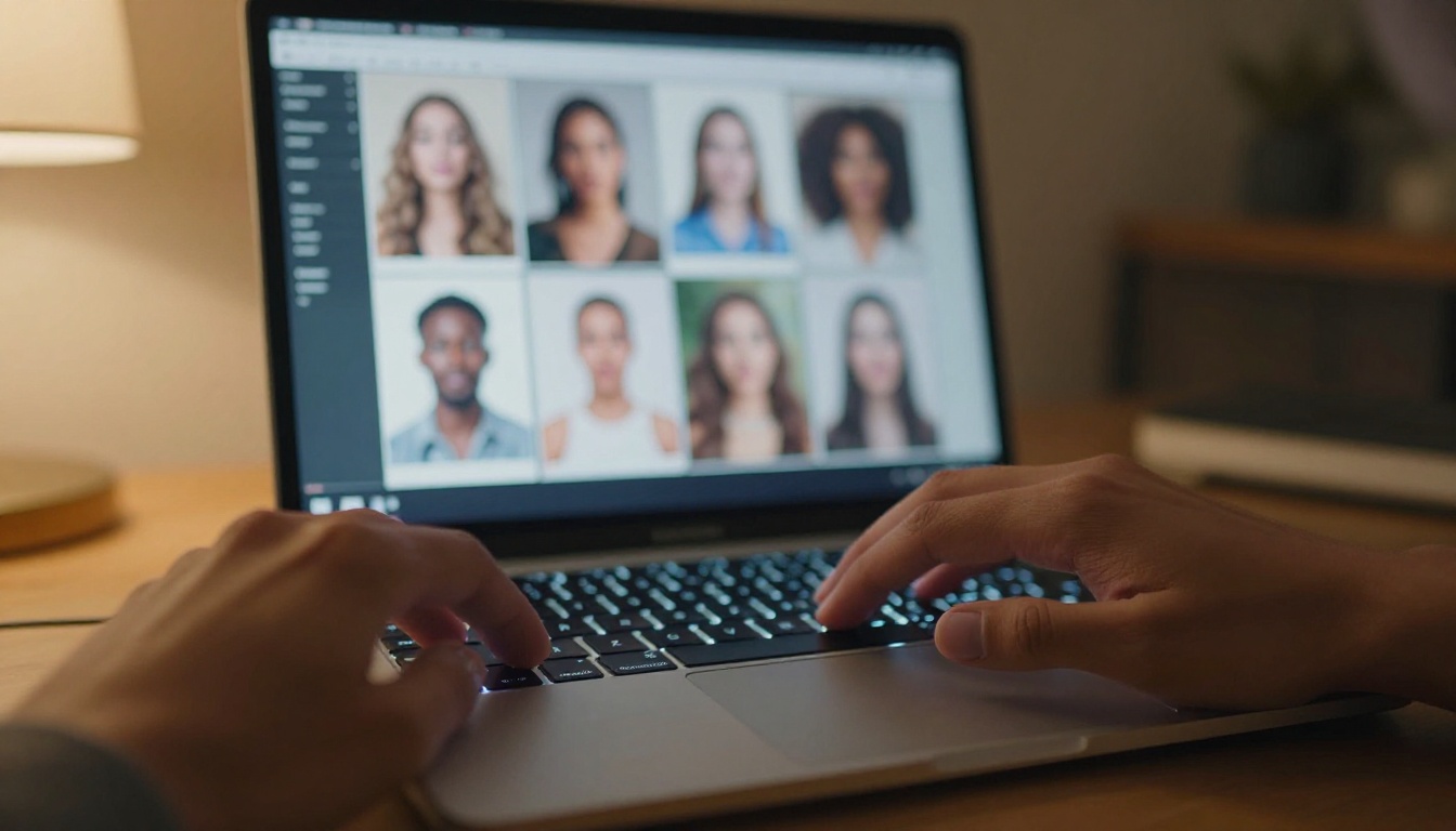 Creator's hands on glowing laptop keyboard with AI-generated glamour portraits visible on screen