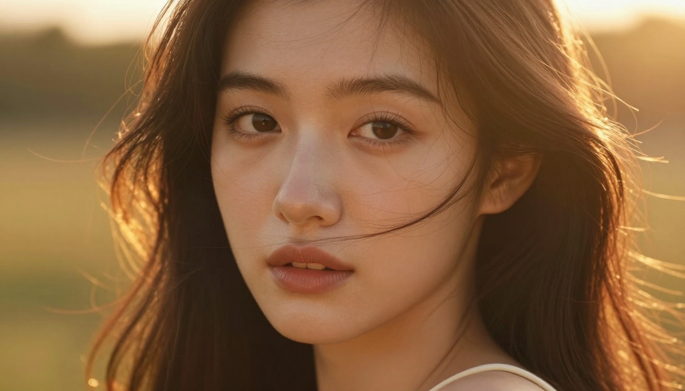 Intimate golden hour close-up portrait of woman with rim-light halo and natural skin detail