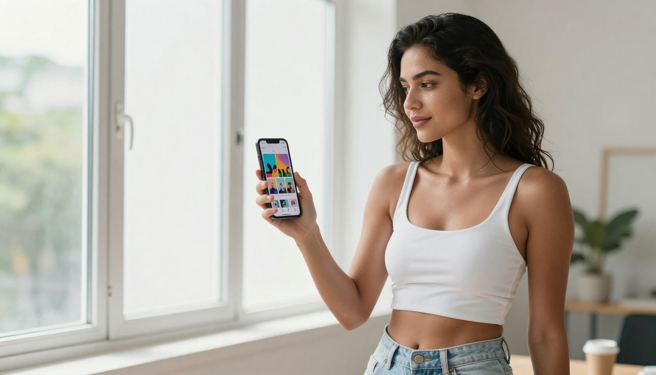 Woman with smartphone browsing AI-generated images