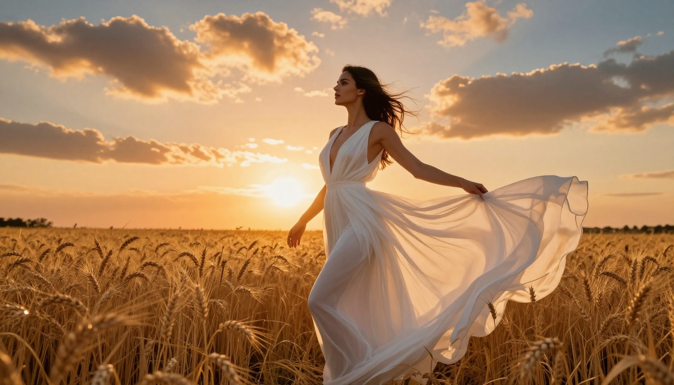Glamorous woman in wheat field, golden hour backlight, fashion editorial