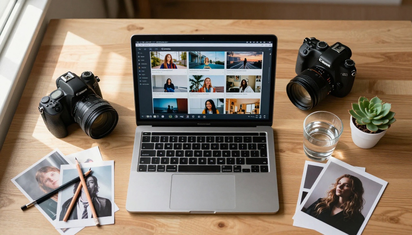 Creative workspace with AI interface and photography equipment