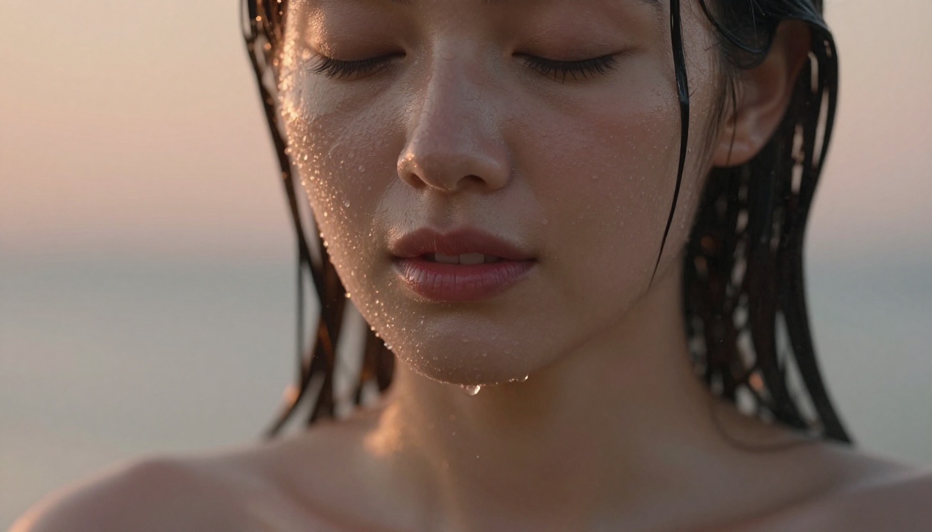 Beauty macro portrait, water droplets on skin, 100mm close-up photography