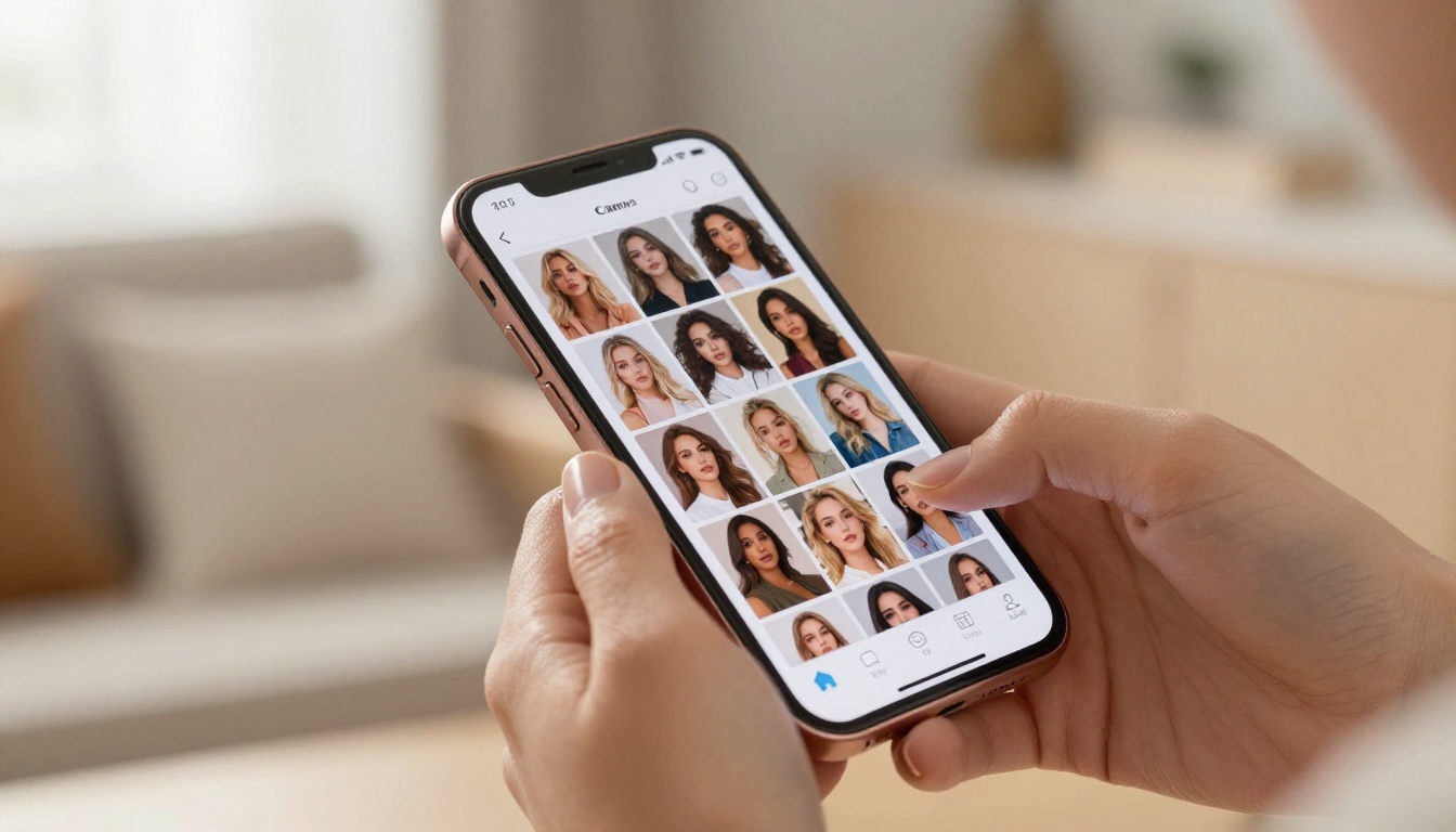 Hands scrolling through AI-generated glamour portraits on a smartphone social media feed
