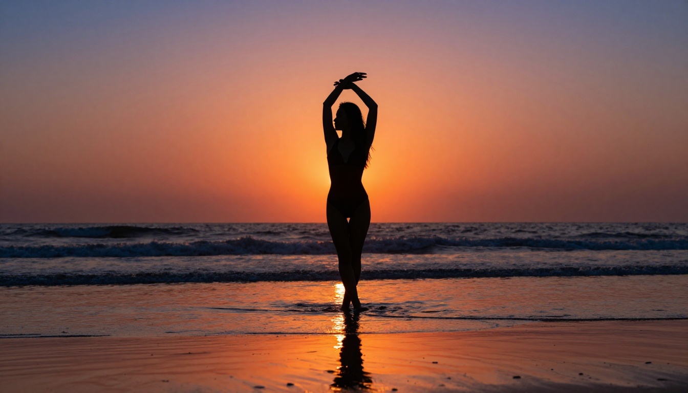 Woman silhouette at sunset beach, dramatic orange pink sky, wide angle