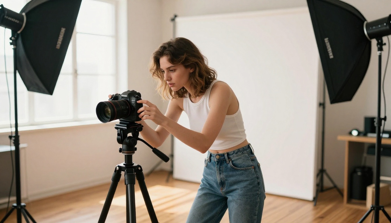Professional photographer adjusting camera in creative studio