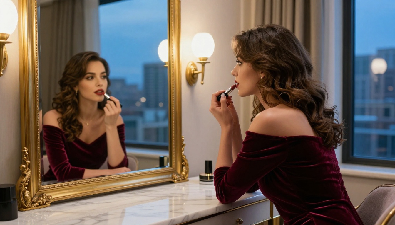 Sophisticated woman at vanity mirror, burgundy velvet, city skyline at dusk