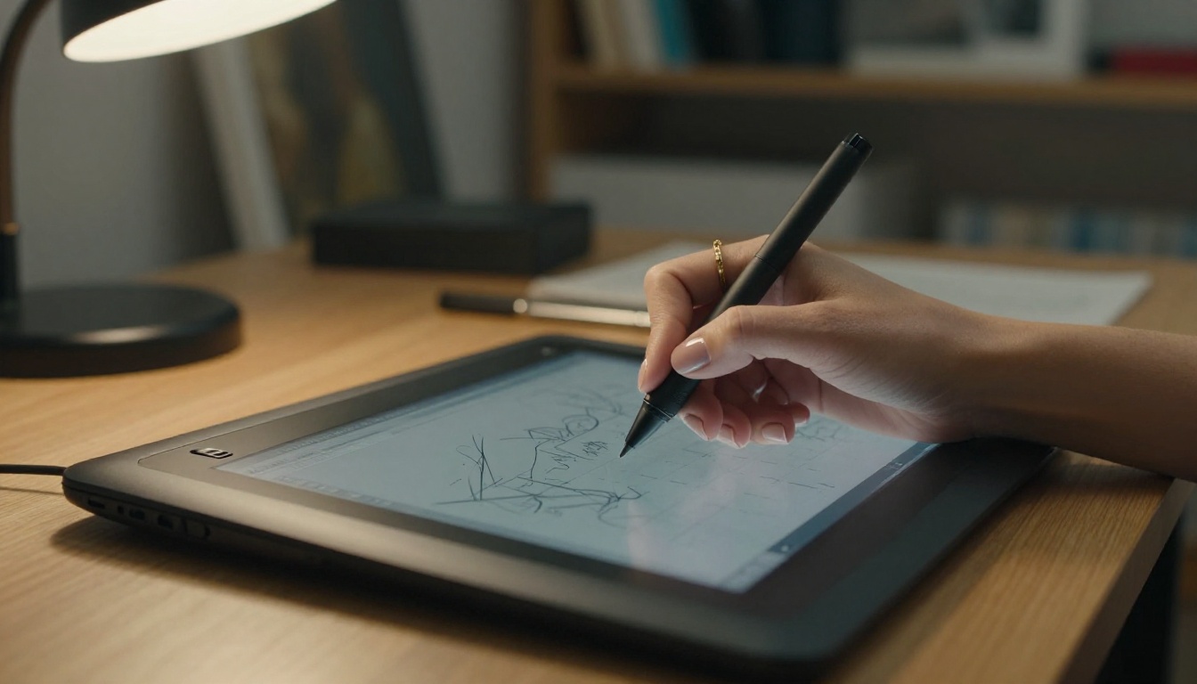 Close-up of elegant female hands on a Wacom drawing tablet with amber desk lamp light Close-up of elegant female hands on a Wacom drawing tablet with amber desk lamp light