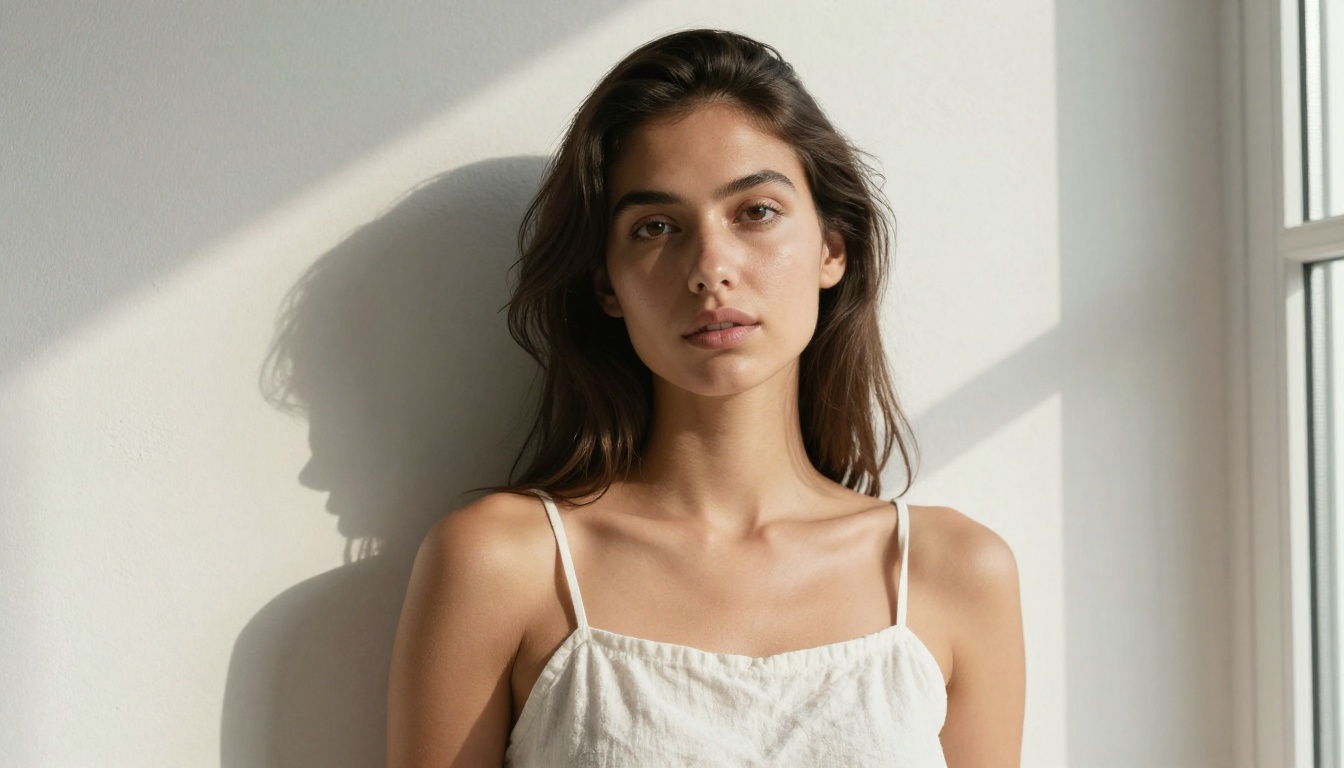 Editorial beauty portrait of a young woman with natural makeup in soft window light Editorial beauty portrait of a young woman with natural makeup in soft window light