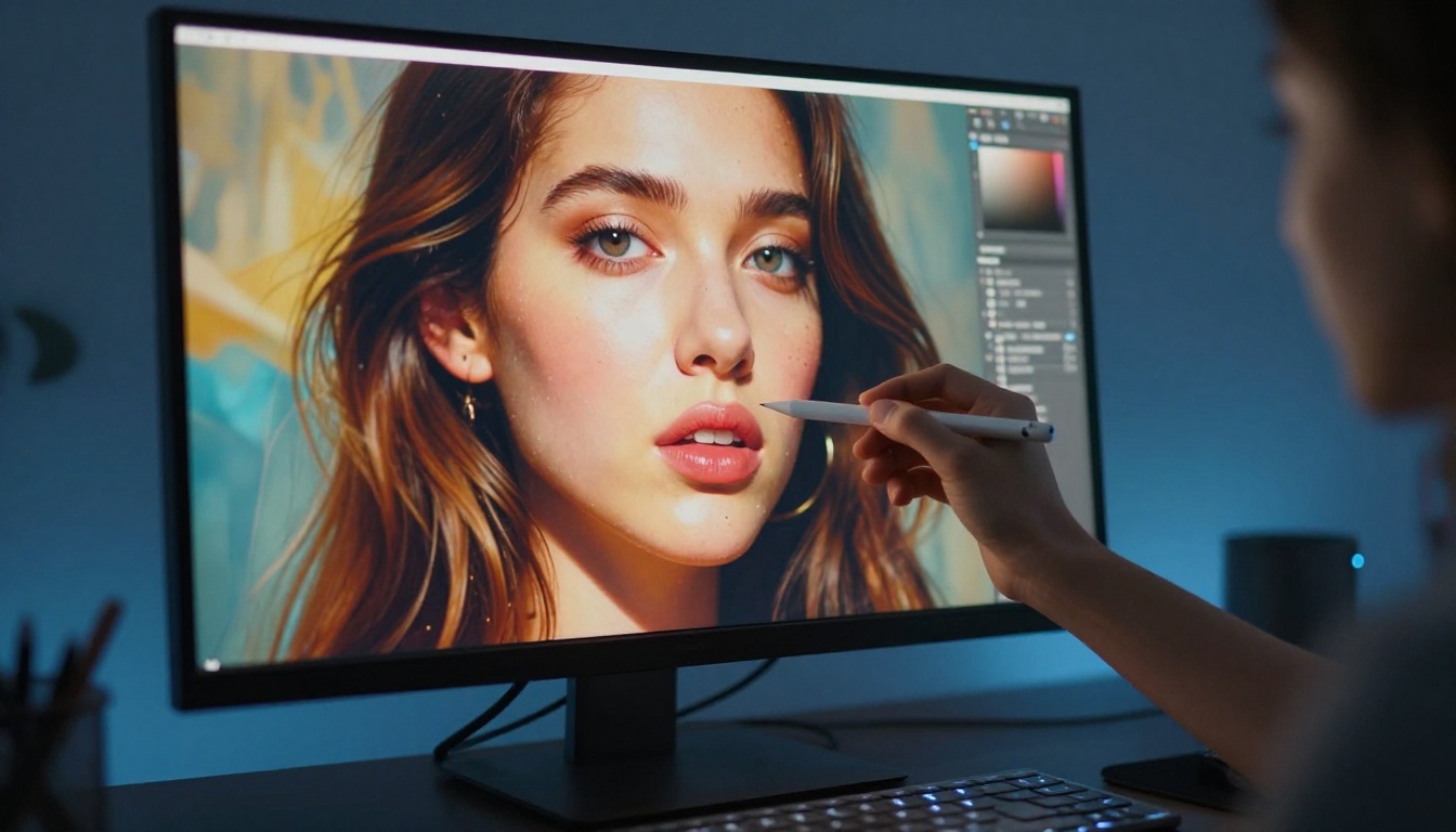 Close-up of a professional 4K monitor displaying AI-generated portrait artwork with stylus in foreground Close-up of a professional 4K monitor displaying AI-generated portrait artwork with stylus in foreground