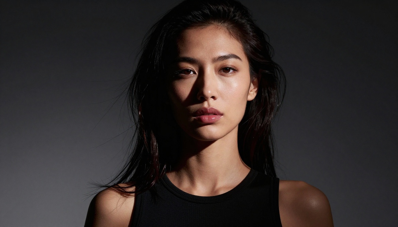 Dramatic Rembrandt-lit studio portrait of a woman in a black bodysuit against charcoal background Dramatic Rembrandt-lit studio portrait of a woman in a black bodysuit against charcoal background