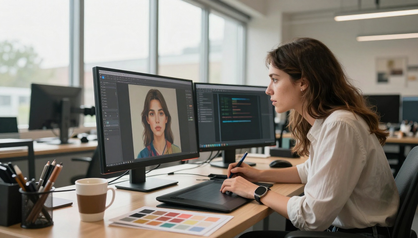 Female digital artist studying AI-generated artwork at a large ultrawide monitor workstation Female digital artist studying AI-generated artwork at a large ultrawide monitor workstation