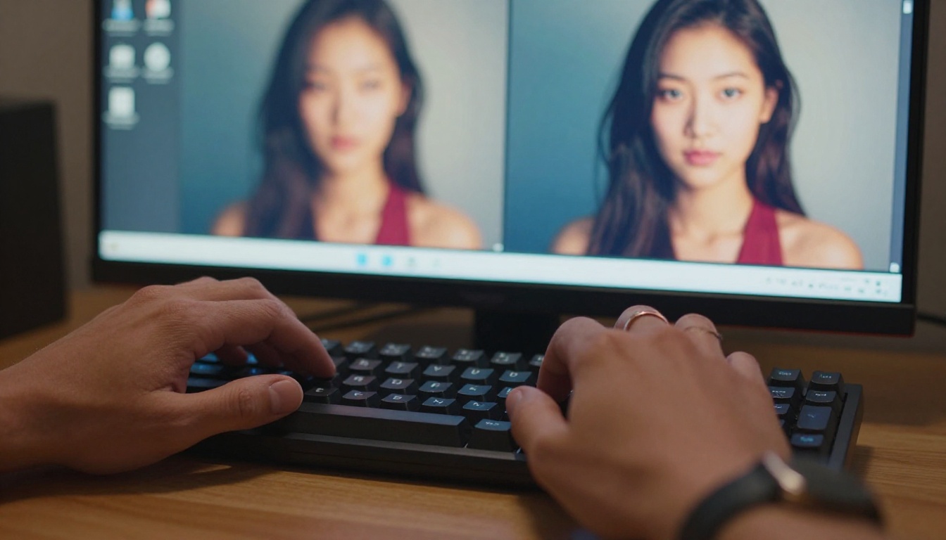 Hands typing keyboard AI image comparison on monitor