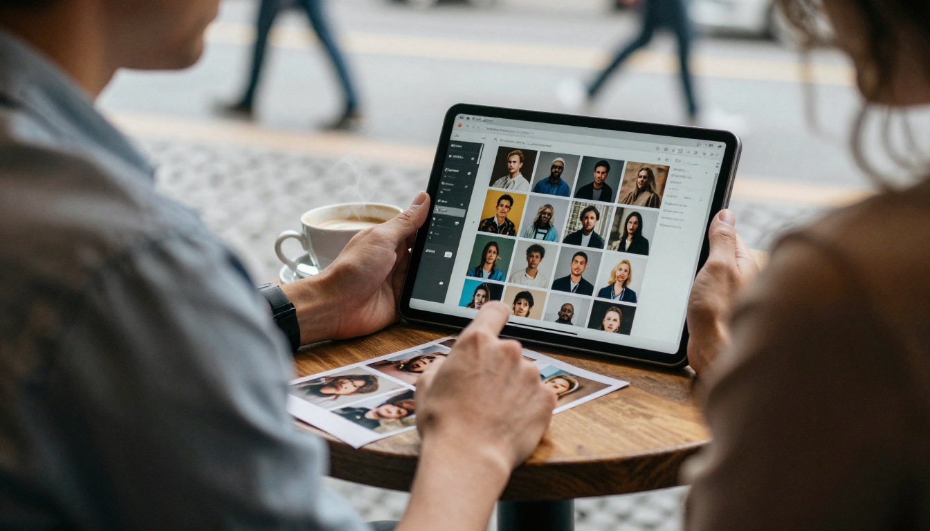 Person reviewing AI images cafe tablet morning light