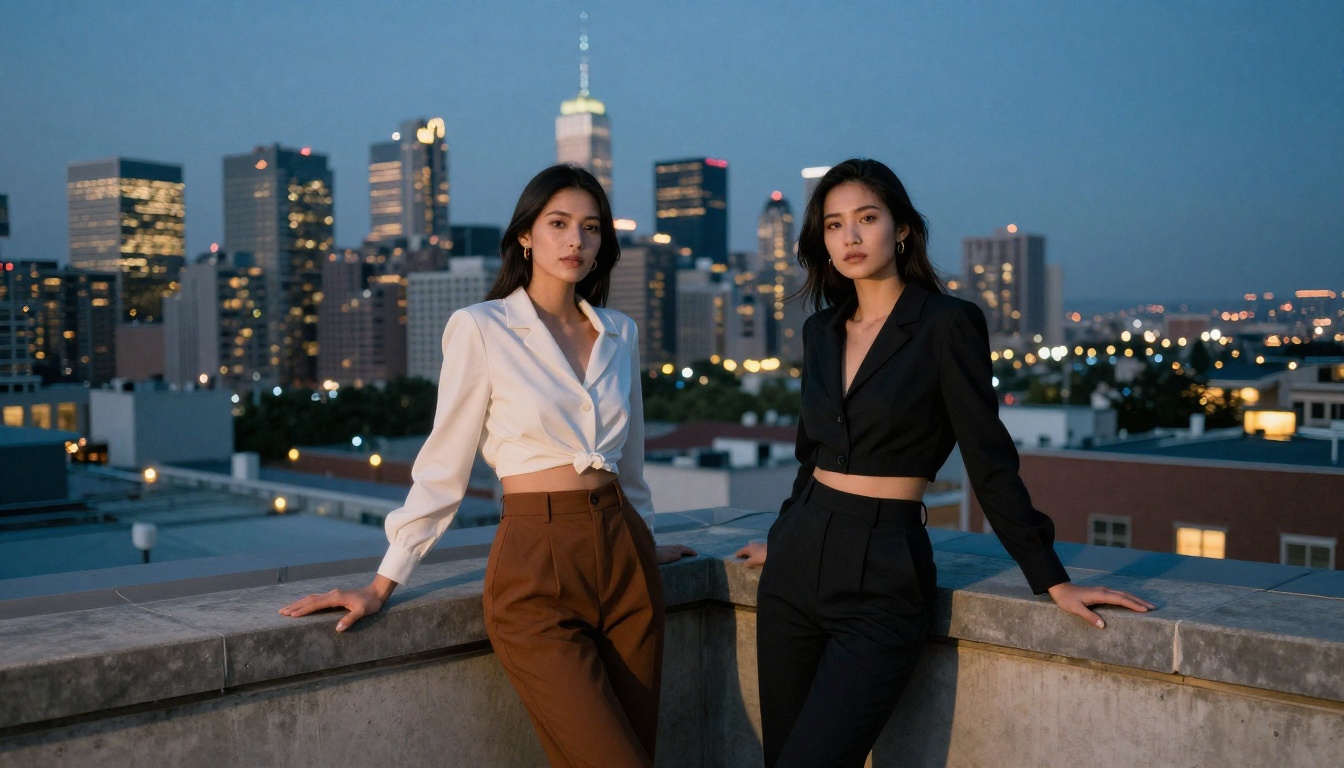 Two women posing on a rooftop at blue hour, city skyline behind them Two women posing on a rooftop at blue hour, city skyline behind them