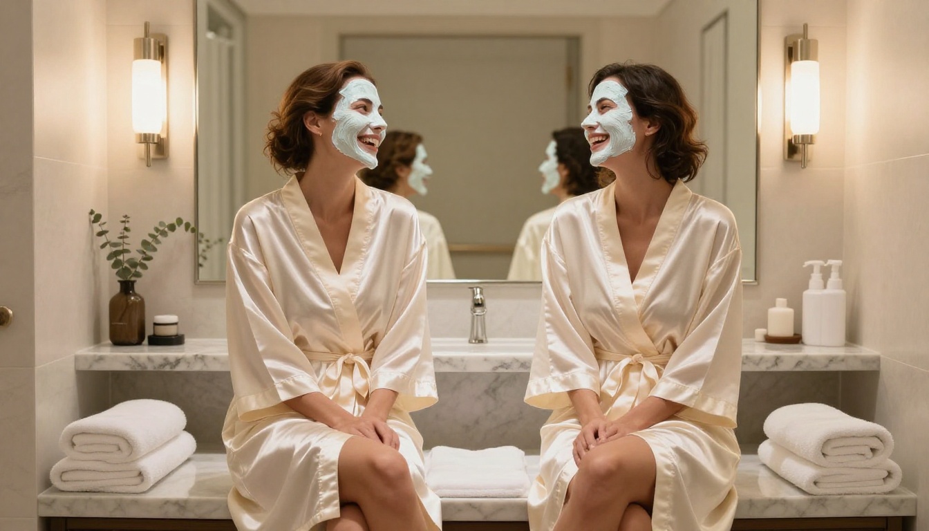 Two women in spa robes laughing together in a marble changing room Two women in spa robes laughing together in a marble changing room