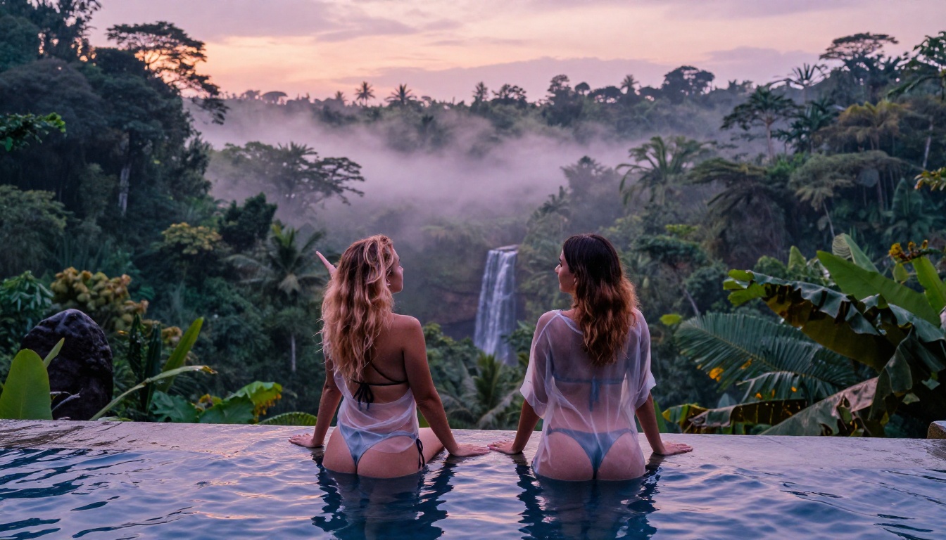 Two women at an infinity pool overlooking a misty jungle valley at dawn Two women at an infinity pool overlooking a misty jungle valley at dawn