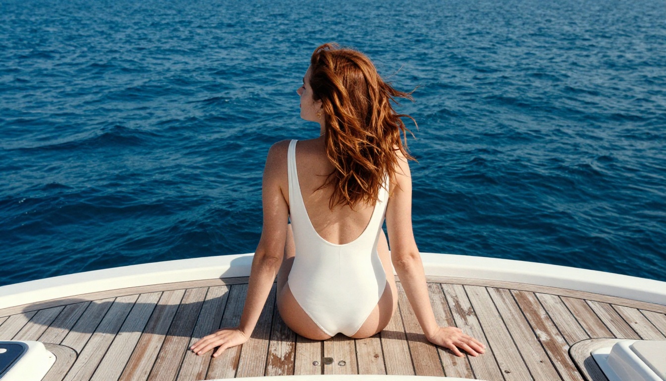 Aerial view of woman in white swimsuit on luxury yacht at sea
