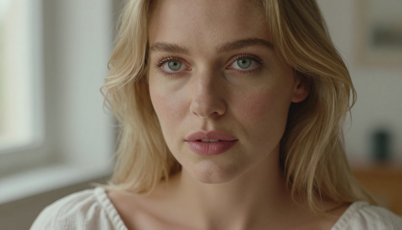Photorealistic AI portrait, close-up blonde with natural light