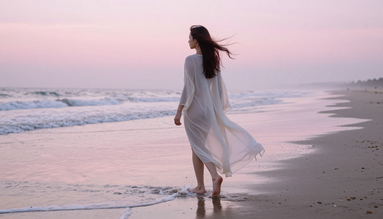 Woman in sheer beach cover-up at dawn illustrating cinematic coastal photography achievable with modern AI Woman in sheer beach cover-up at dawn illustrating cinematic coastal photography achievable with modern AI