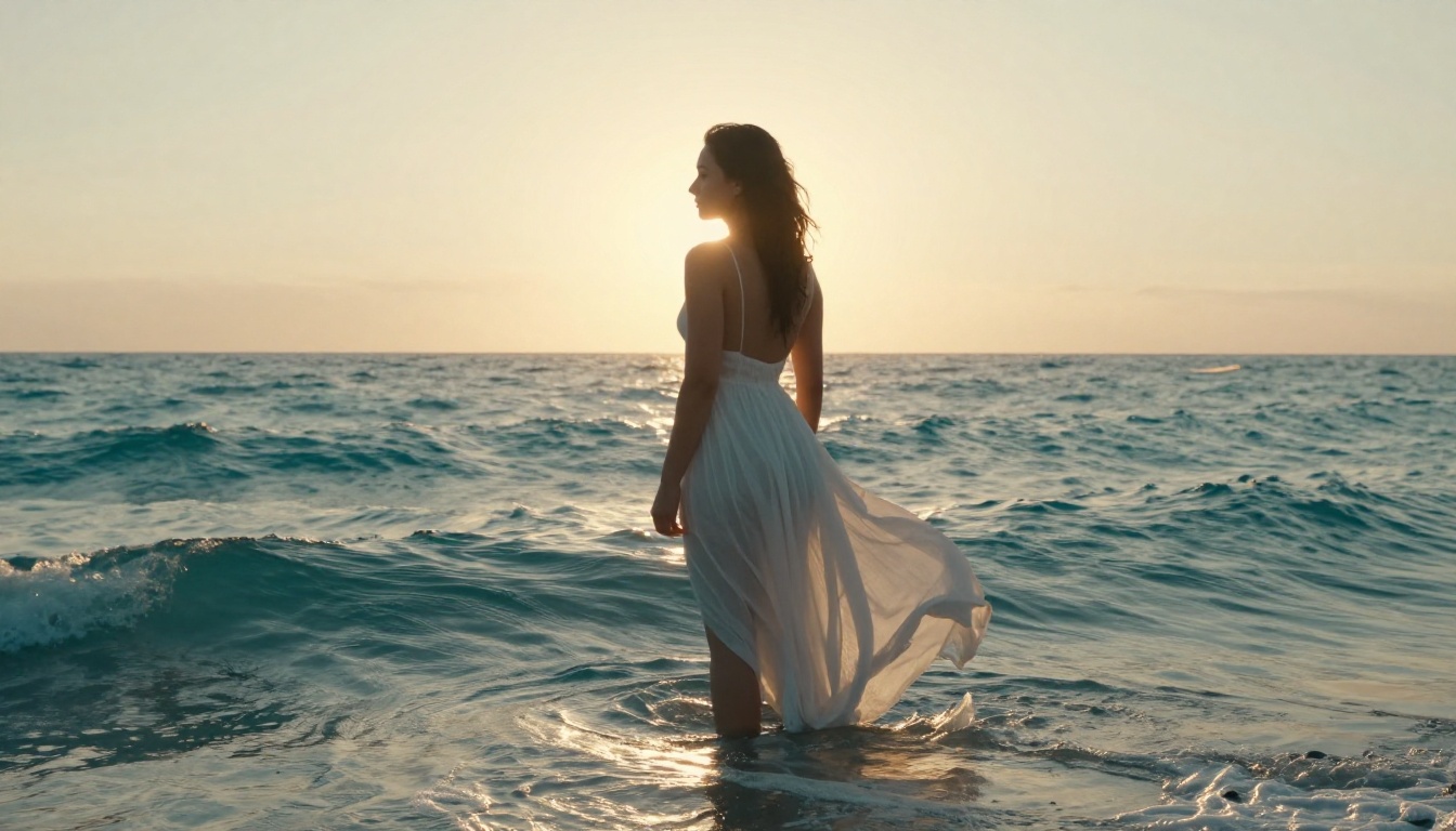 Woman in flowing white dress standing in turquoise ocean at golden hour